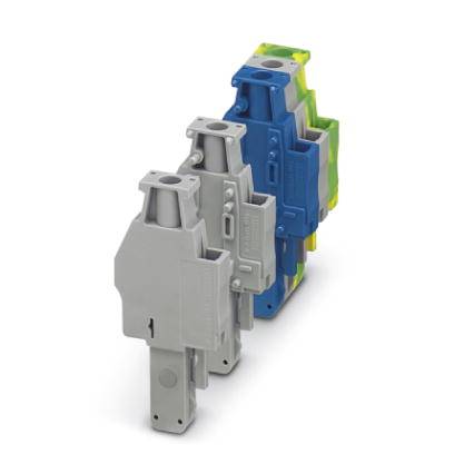 Drei elektrische Reihenklemmen in verschiedenen Farben (grau, blau, grün-gelb) stehen aufrecht hintereinander.