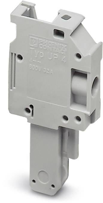 Grauer elektrischer Sicherungshalter mit Aufschrift 'Typ UP 4'. Geeignet für 800V, 32A. Verwendet in elektrischen Schalttafeln.
