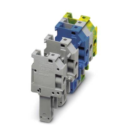 Eine Reihe von Klemmblöcken in Grau und Blau, montiert auf einer Halterung. Sie dienen der elektrischen Verbindung und Verdrahtung.
