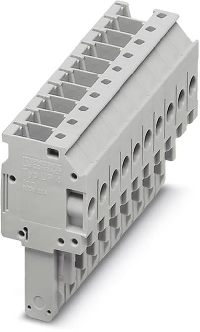 Graues Mehrfach-Steckterminal aus Kunststoff mit mehreren Anschlussöffnungen, verwendet für elektrische Verbindungen in Schaltschränken.