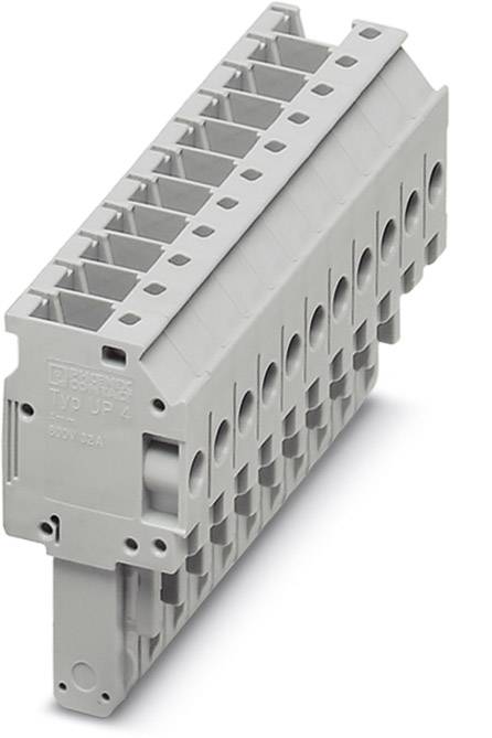 Grau, modularer Reihenklemmenblock mit mehreren Anschlussstellen, zur Verbindung elektrischer Leitungen in Schalttafeln.