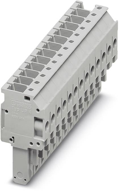 Ein grauer, mehrstöckiger Klemmenblock zur elektrischen Verdrahtung, zeigt mehrere Anschlussmöglichkeiten für Drähte.