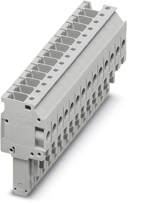 Ein grauer elektrischer Steckverbinder mit mehreren Anschlüssen, auf einer Seite beschriftet, für den Einsatz in Schaltschrankinstallationen.