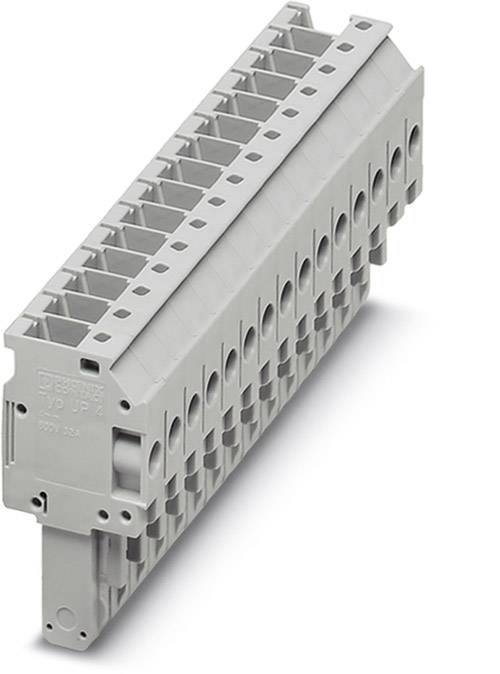 Grauer Klemmblock mit mehreren Anschlussmöglichkeiten und Beschriftung '500V 24A', seitlich orientiert.