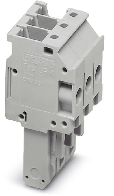 Grauer Phönix Kontakt Montageadapter Typ UP 4, geeignet für 800 V, 32 A, mit mehreren Anschlussmöglichkeiten.
