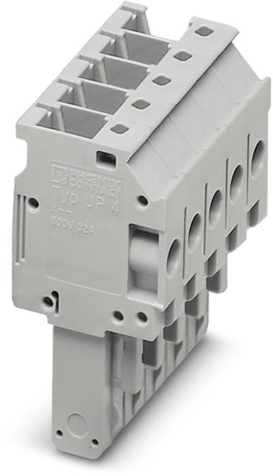 Grauer elektrischer Verteilerblock mit mehreren Anschlussstellen, geeignet für 800V und 32A, zeigt seitliche und obere Ansichten.