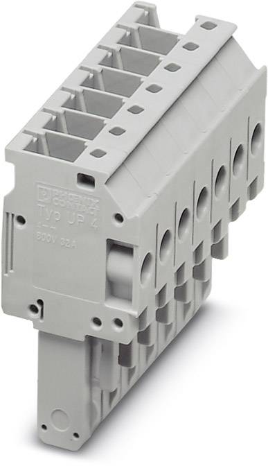 Ein grauer Terminalblock mit mehreren Klemmen, geeignet für 500V, 32A. Verwendet für elektrische Verbindungen in Schaltschränken.