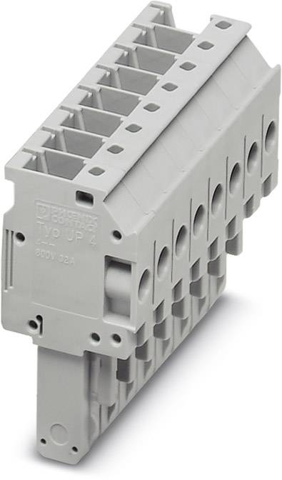 Grauer elektrischer Klemmenblock für Verkabelung, mit mehreren Anschlussmöglichkeiten und aufgedruckten technischen Spezifikationen.