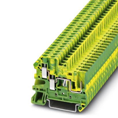 Grüner und gelber Reihenklemmblock, isoliert mit mehreren Anschlussklemmen für elektrische Verbindungen in industriellen Anwendungen.