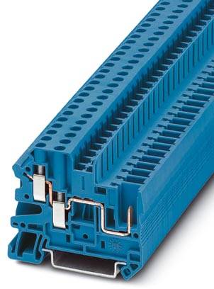Ein blauer Reihenklemmblock mit mehreren Anschlussöffnungen, zur Verwendung in elektrischen Schaltschränken, detaillierte Struktur erkennbar.