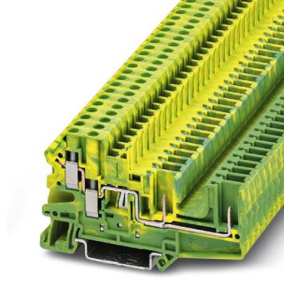Ein grüner und gelber Schienenklemmenblock mit mehreren Verbindungspunkten für die Elektroinstallation, seitlich abgebildet.