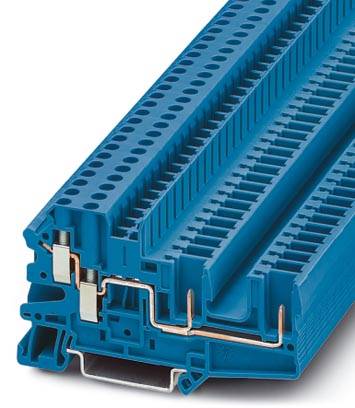 Ein blauer, mehrschichtiger elektrischer Anschlussblock mit mehreren Anschlusspunkten, verwendet für die elektrische Verdrahtung.