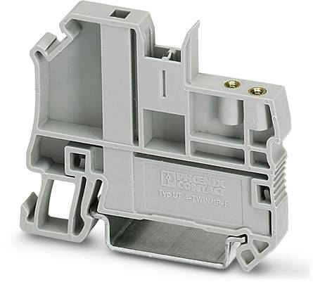 Ein grauer Reihenklemmenblock von Phoenix Contact, Typ UT 4-TWIN/1P-F, zur Befestigung auf einer Tragschiene in elektrischen Installationen.