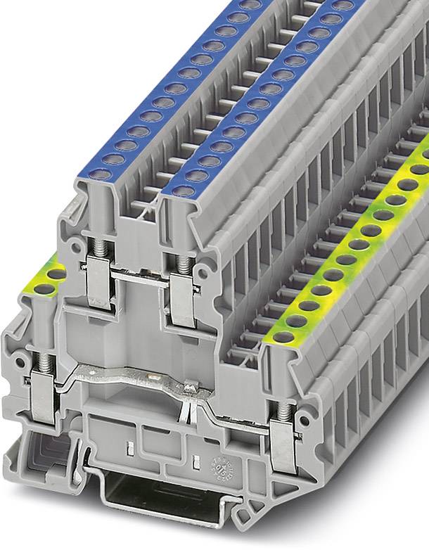 Reihenklemme in Grau, oben farblich kodiert in Blau, Gelb und Grün; für industrielle elektrische Verbindungen verwendet.