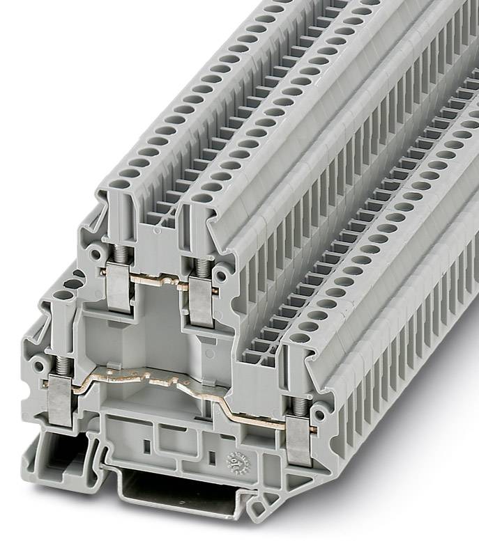 Graue Reihenklemme mit mehreren Verbindungsmöglichkeiten und Kupferleitern, geeignet für industrielle Elektroinstallationen.