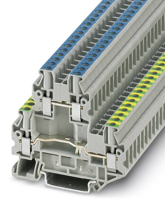 Grau-blau-grüne Reihenklemme mit mehreren Anschlussstellen. Sie dient zum elektrischen Anschluss und zur Verteilung von Leitern.
