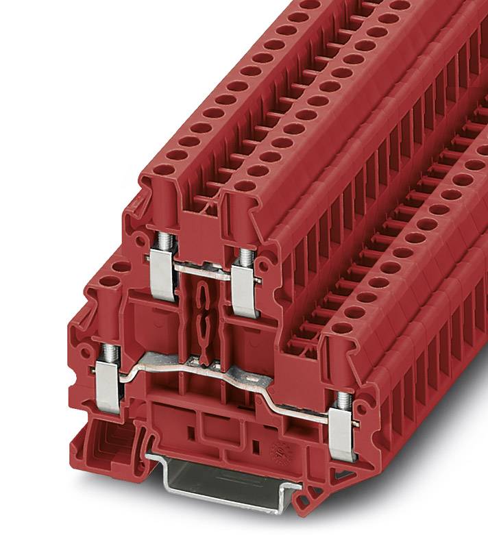 Rote Klemmenblock, modular aufgebaut, mit silbernen Kontakten. Geeignet für elektrische Verbindungen in industriellen Anwendungen.