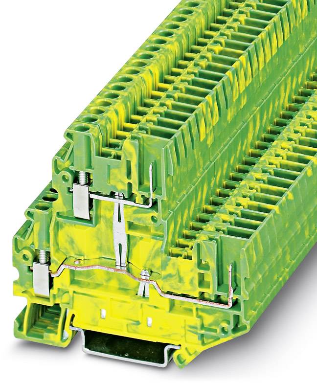 Grüne und gelbe elektrische Klemmenblockmodule, gestapelt in einem Schaltsystem. Sie ermöglichen eine sichere Verbindung von Kabeln.