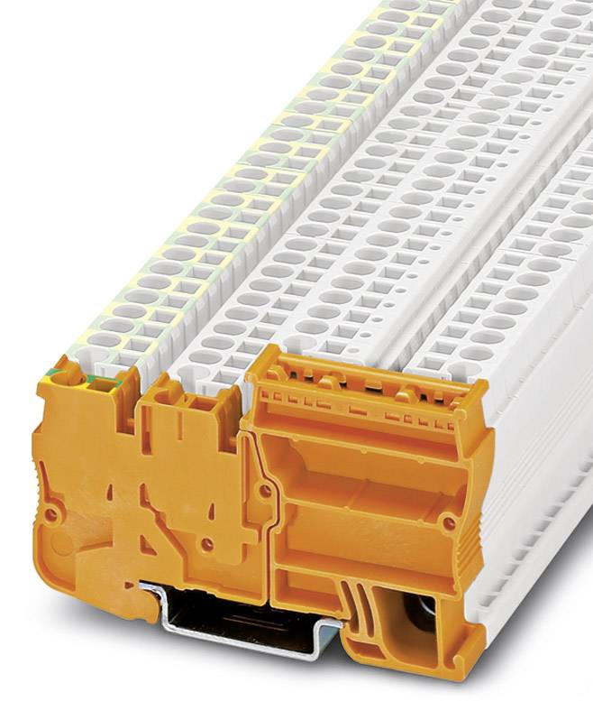 Ein modularer Klemmenblock in weiß mit orangenem Gehäuseausschnitt, zeigt interne Verbindungen und Design für Elektroinstallationen.