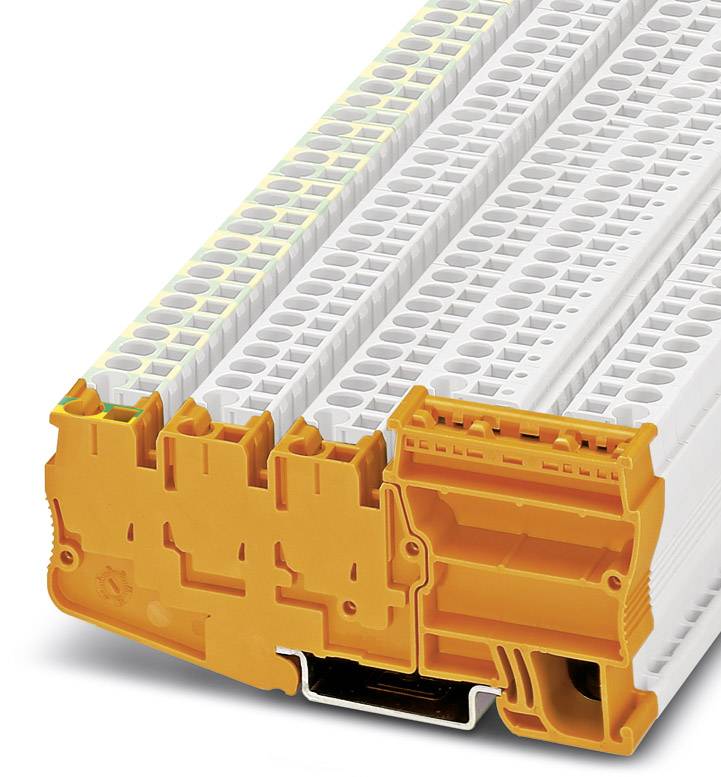 Elektrische Klemmenleiste in Weiß und Orange, zeigt mehrere Anschlussmöglichkeiten für Kabel. Hauptsächlich für industrielle Elektrik.