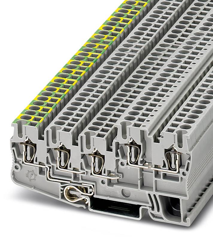 Ein Stapel grauer Reihenklemmen mit gelben und grünen Markierungen an der Oberseite, die für elektrische Verbindungen verwendet werden.