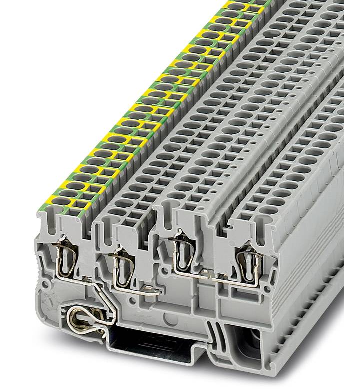 Reihenklemme in grauer Farbe, mit gelb-grüner Markierung oben. Mehrstock-Bauweise ermöglicht platzsparende Verdrahtung in elektrischen Schaltschränken.