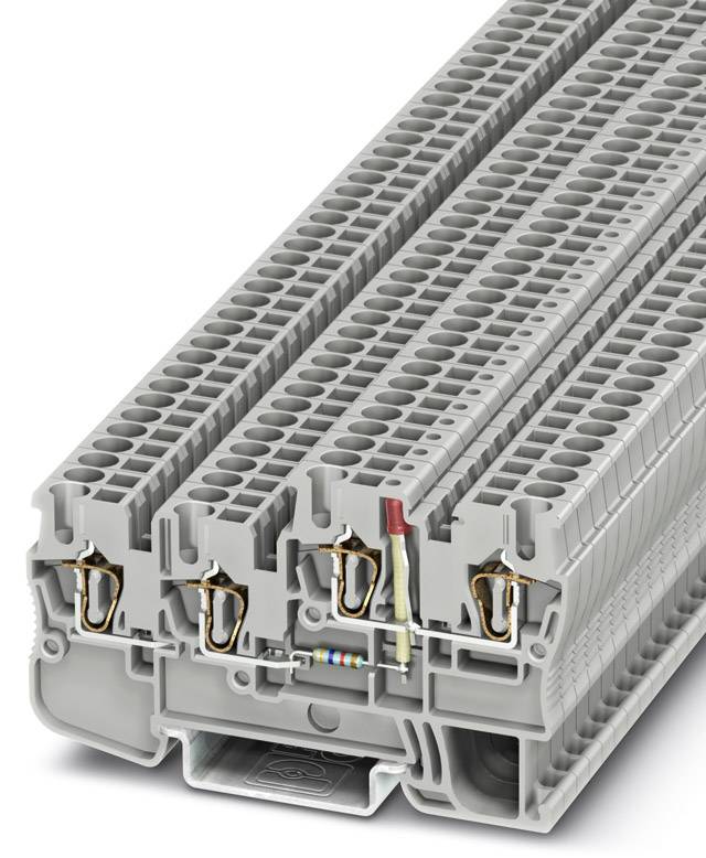 Graues modulares Reihenklemmensystem mit mehreren Anschlüssen, das zur Organisation und Verbindung elektrischer Drähte verwendet wird.