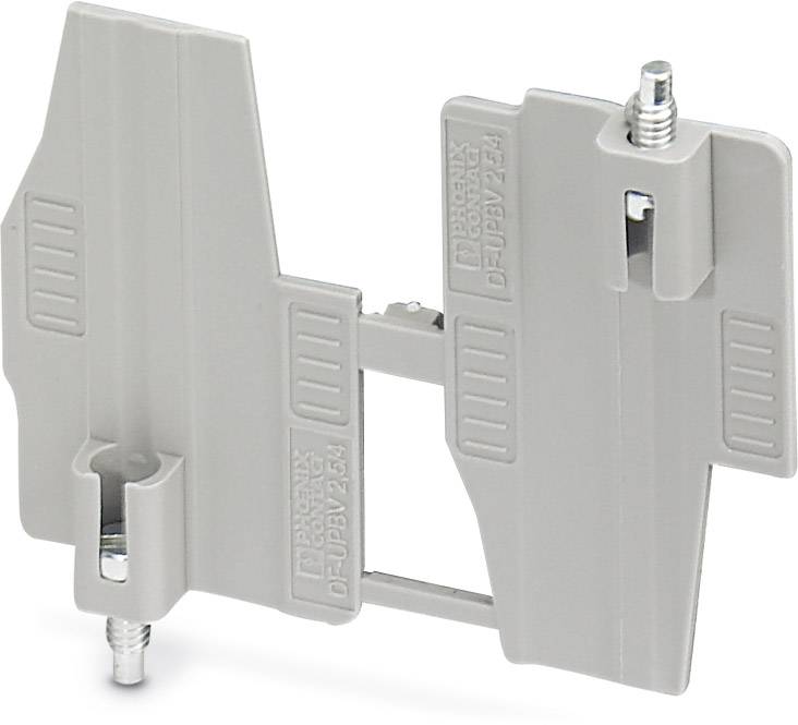Graues elektrisches Zubehör, Klemmhalterung mit Schrauben und Befestigungsmechanismen, seitliche Rillen zur Stabilisierung.