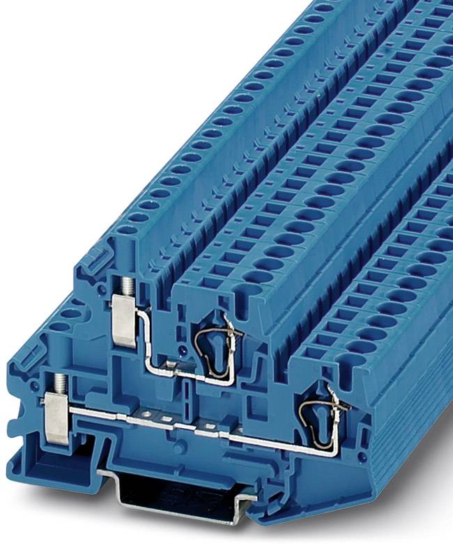Blauer Reihenklemmenblock mit mehreren Anschlusspunkten, geeignet für die Montage auf einer Tragschiene in elektrischen Systemen.