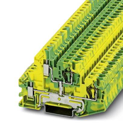 Ein gelb-grüner elektrischer Steckverbinder mit mehreren Pins und Schraubanschlüssen, verwendet für die Montage auf einer Hutschiene.