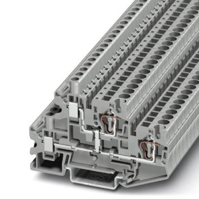 Graue Reihenklemme mit mehreren Kontakten, die für den Einsatz in Schalttafeln und elektrischen Verteilerkästen geeignet ist.