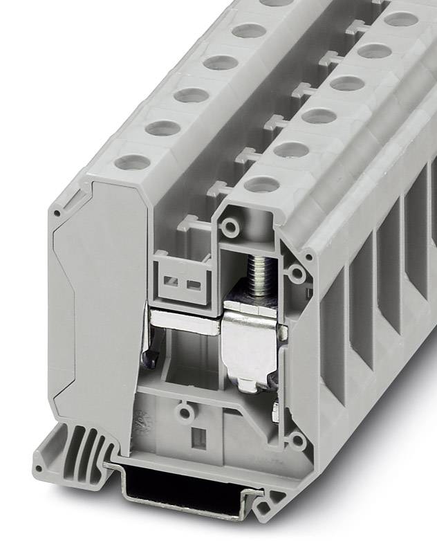 Ein grauer elektrischer Reihenklemmenblock aus Kunststoff, mit mehreren Anschlussstellen und sichtbaren Metallkontakten im Inneren.