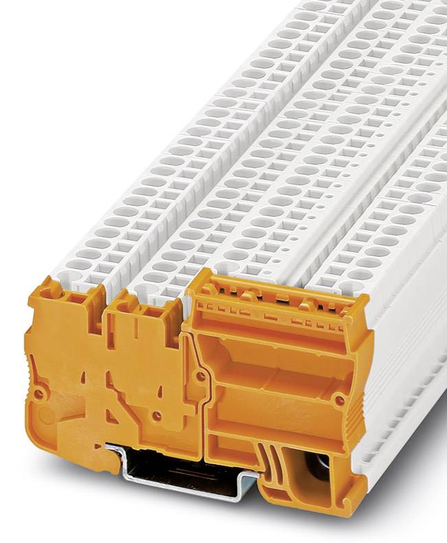 Ein orange-weißes industrielles Steckverbinder-Modul mit mehreren Anschlüssen. Es zeigt einen modularen Aufbau für elektronische Anwendungen.