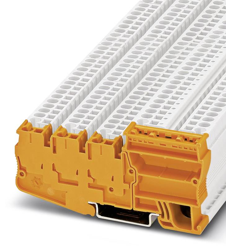 Klemmenblock mit mehreren Reihen, weiß mit orangenen Abdeckungen. Dient zur Verbindung elektrischer Drähte in Schaltschränken.