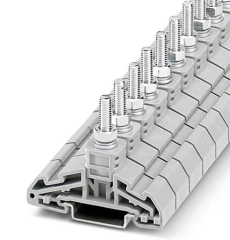 Klemmenblock mit mehreren Schraubverbindungen in einer Reihe, montiert auf grauer Halterung. Geeignet für elektrische Verdrahtungen.