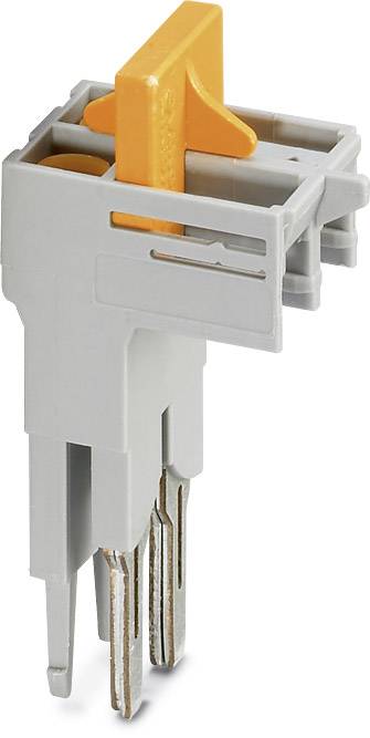 Graues und orangefarbenes Kunststoff-Bauteil mit Metallstiften, möglicherweise ein elektrischer Steckverbinder.