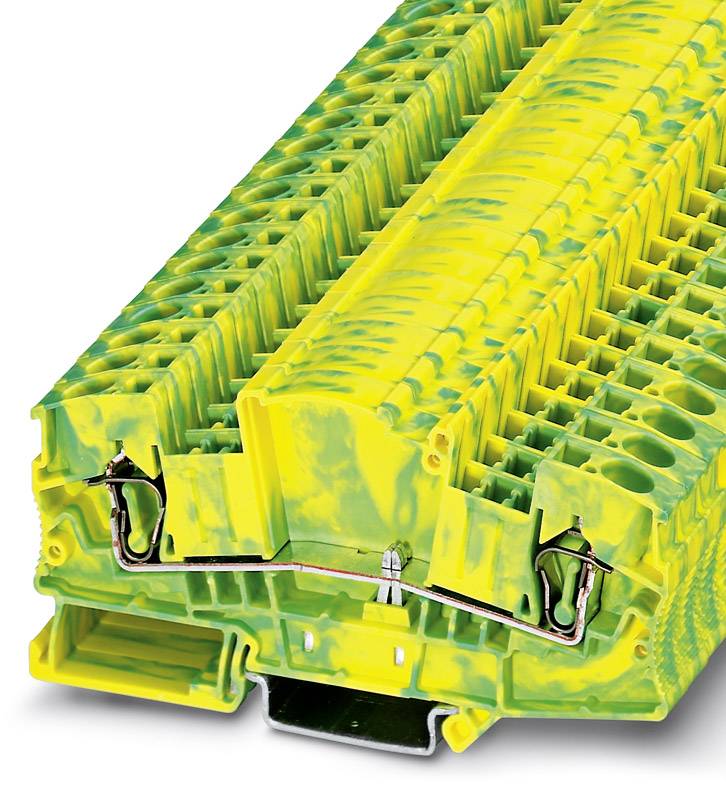 Gelb-grüne Klemme aus Kunststoff mit Metallteilen zur elektrischen Verbindung, geeignet für Erdung und Verdrahtungsanwendungen.