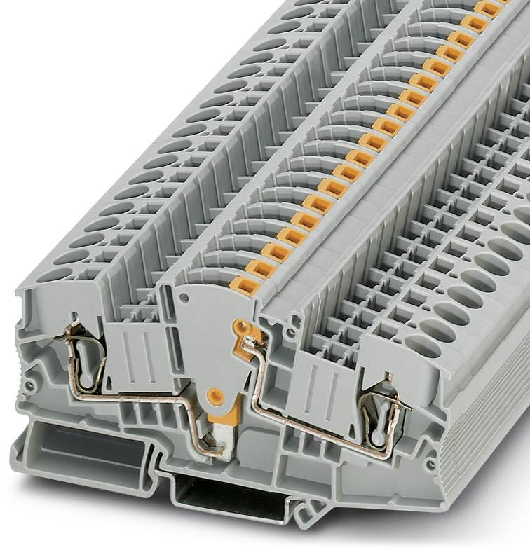 Graues, mehrschichtiges elektrisches Klemmenblockmodul mit orangefarbenen Bauteilen, zur Verbindung von Drähten in Schaltschränken.