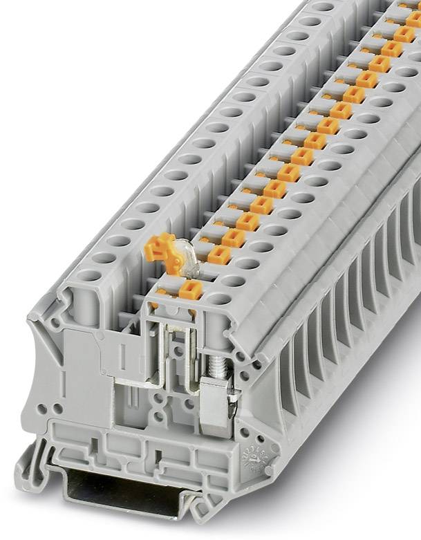 Graue Reihenklemme mit mehreren Anschlussstellen und orangefarbenen Hebeln. Dient zum Verbinden von elektrischen Leitungen in Schaltschränken.