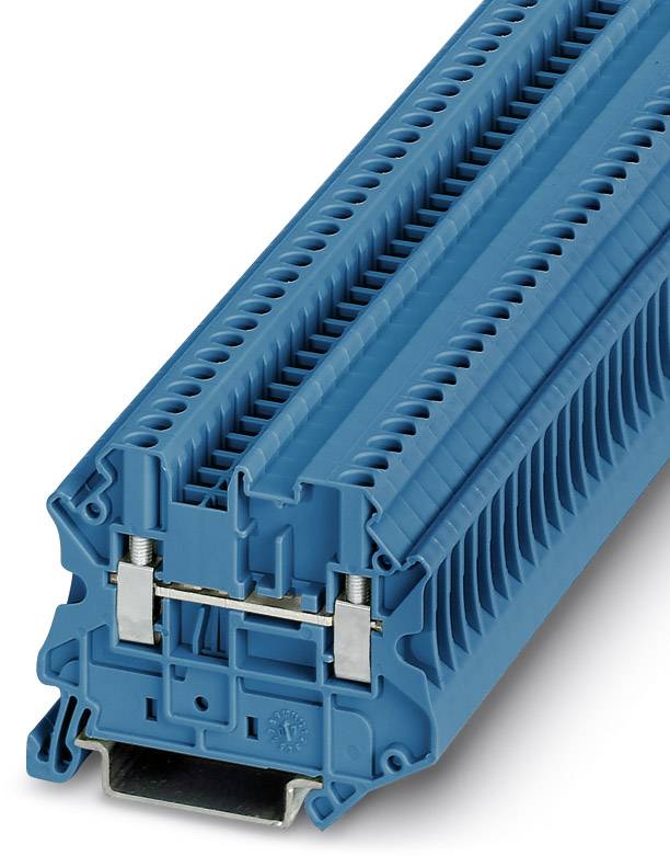 Ein blauer Reihenklemmblock mit mehreren Anschlussklemmen, verwendet zur sicheren Strom- und Signalverteilung in elektrischen Schaltschränken.