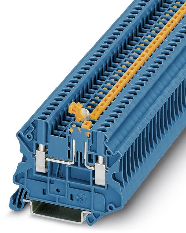 Ein blauer Reihenklemmblock mit mehreren Anschlüssen und einem orangenen Hebel in der Mitte, verwendet in elektrischen Schaltschränken.