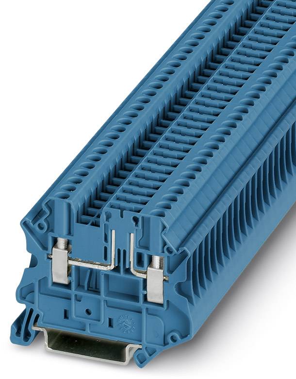 Ein blauer Reihenklemmblock mit mehreren Anschlussmöglichkeiten für Elektroinstallationen. Geeignet zur sicheren Verkabelung.