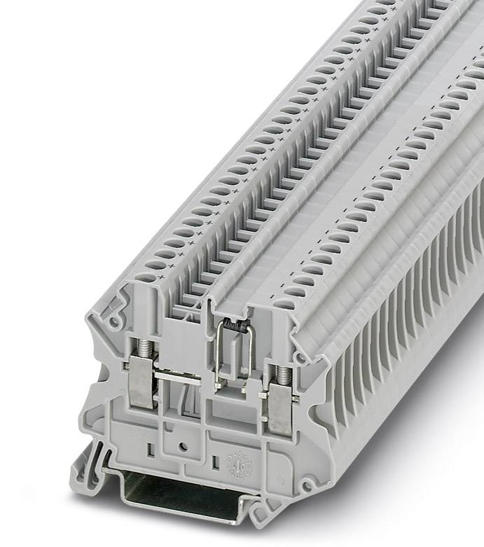 Grau-weißer Reihenklemmblock für elektrische Schalttafeln, mit mehreren Anschlussklemmen und einem robusten Kunststoffgehäuse.