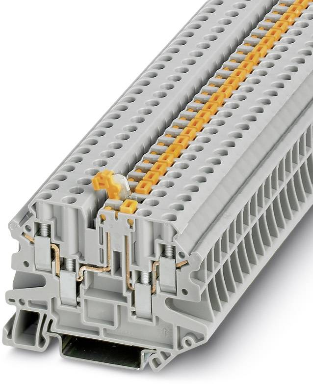 Graue, mehrstöckige Reihenklemme mit orangenen Hebeln, geeignet zur Befestigung auf DIN-Schienen für elektrische Verbindungen.