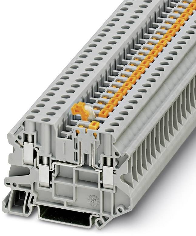 Graue Reihenklemme mit orangefarbenen Anschlüssen, geeignet für industrielle elektrische Verdrahtung; zeigt obere und seitliche Perspektive.