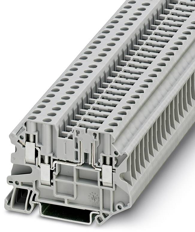 Ein grauer elektrischer Durchgangs-Reihenklemmeblock mit mehreren Anschlusspunkten, verwendet für die elektrische Verbindung und Verteilung.