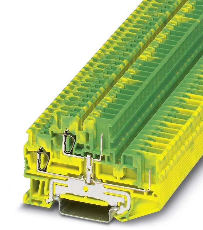 Mehrstöckige Potentialverteilerklemmen in gelb-grün zum sicheren und effizienten Verdrahten in elektrischen Schaltschrankanlagen.