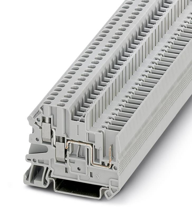 Eine graue, mehrstufige elektrische Klemmenleiste, die für den Anschluss von Drähten in industriellen Anwendungen verwendet wird.
