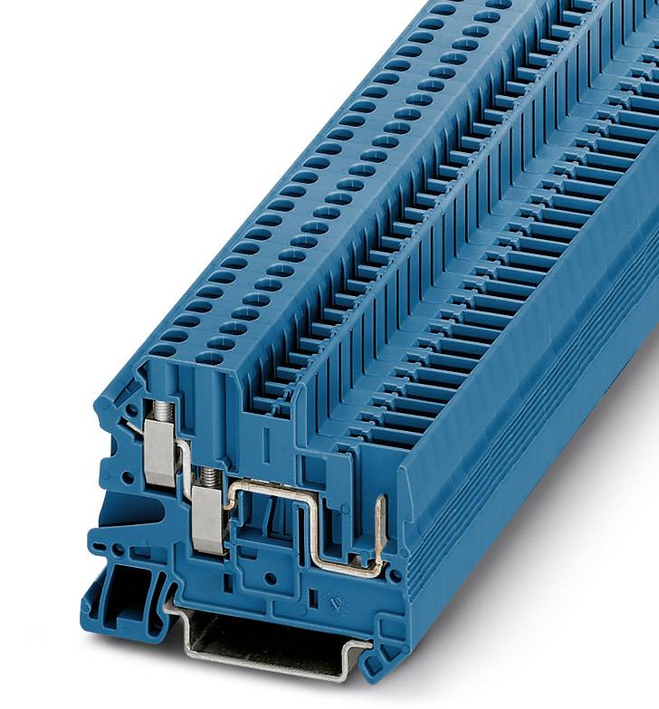 Ein blauer Reihenklemmenblock mit mehreren Verdrahtungsebenen. Es zeigt das komplexe Innenleben und die Anschlüsse.