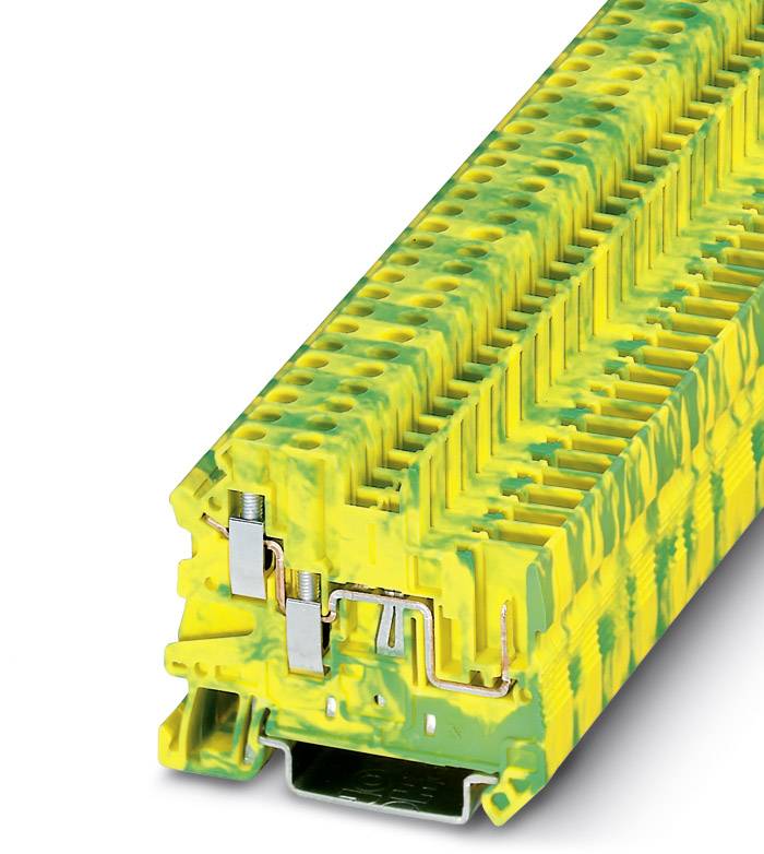 Ein gelb-grüner Reihenklemmblock, der auf einer Schiene montiert ist, zeigt die markanten Metallverbindungen für die elektrische Verdrahtung.